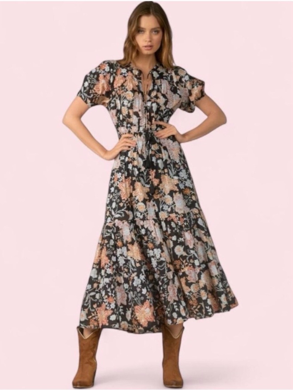 Revel Black Floral Maxi Dress with Rust & Cream Accents